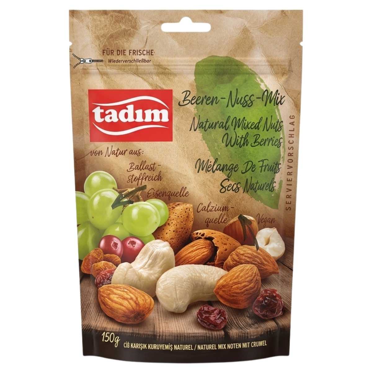 A 150g bag of tadim Unroasted Natural Mixed Nuts with Berries, featuring multilingual packaging and a mix of raw nuts and berries—a tasty, healthy snack.