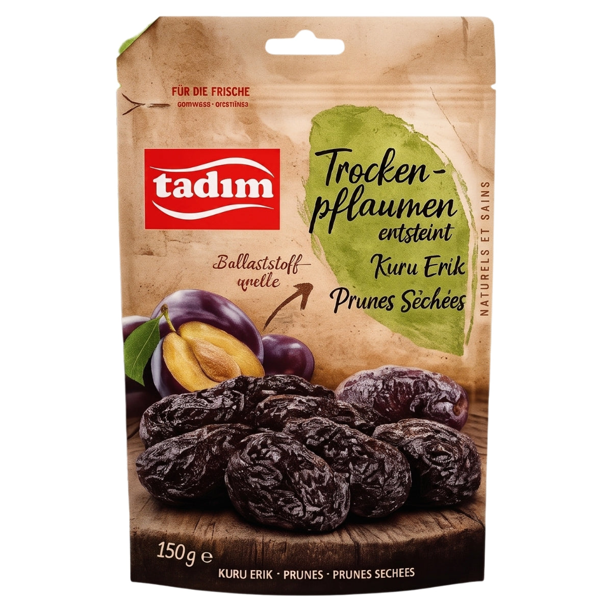 A 150g package of tadim Prunes, displaying colorful images of prunes and plums on the front, multilingual labels, and preserved with potassium sorbate for freshness.