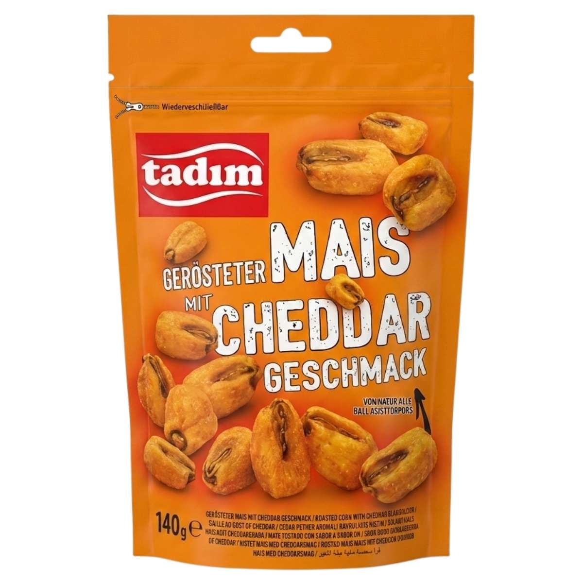 A resealable orange 140g Tadim bag labeled "Roasted Corn with Cheddar Flavour" features images of corn snacks and German text describing the product.