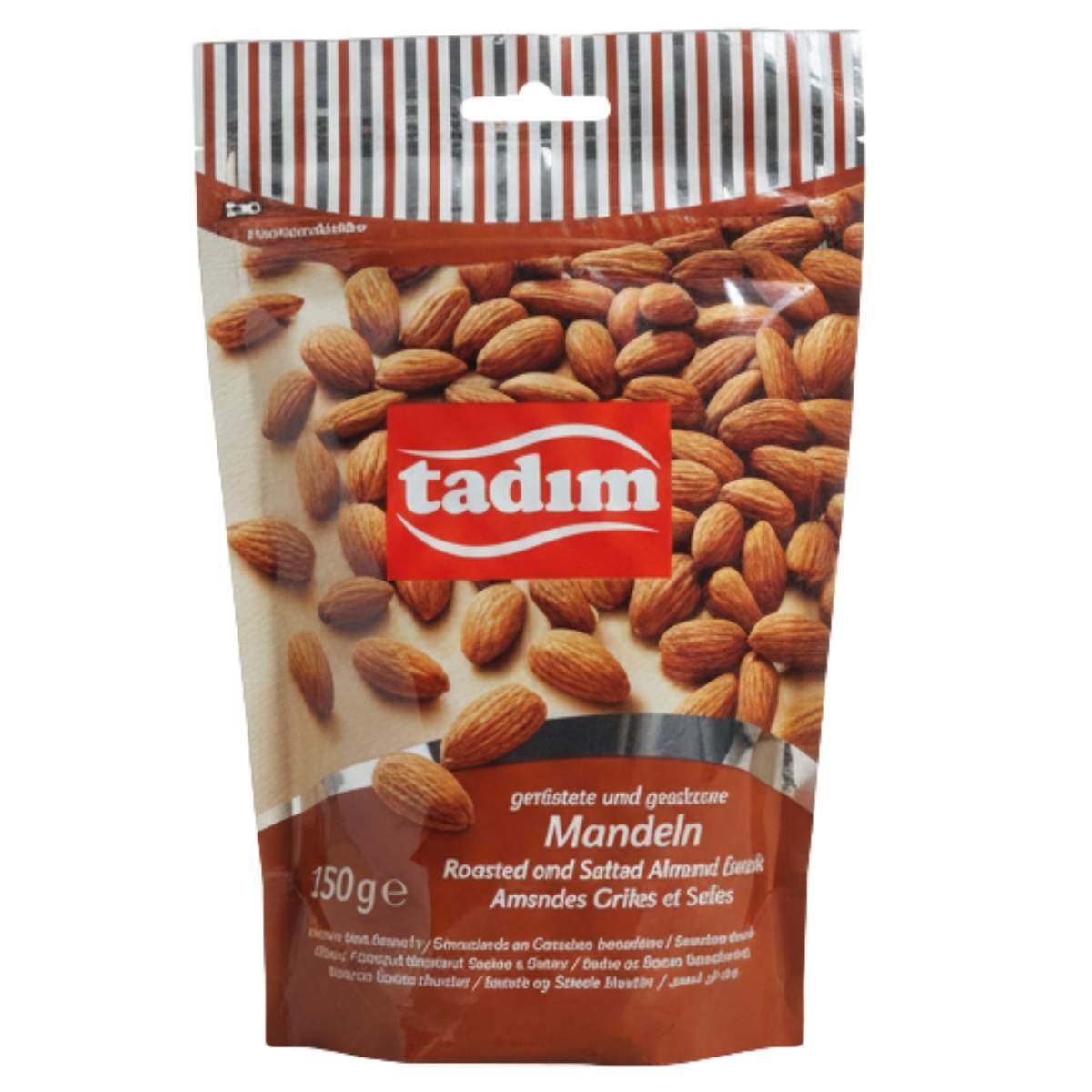 Enjoy Tadim Roasted & Salted Almond Kernels in a 150g resealable bag, featuring almond imagery—a tasty, healthy snack from tadim, perfect for anytime.