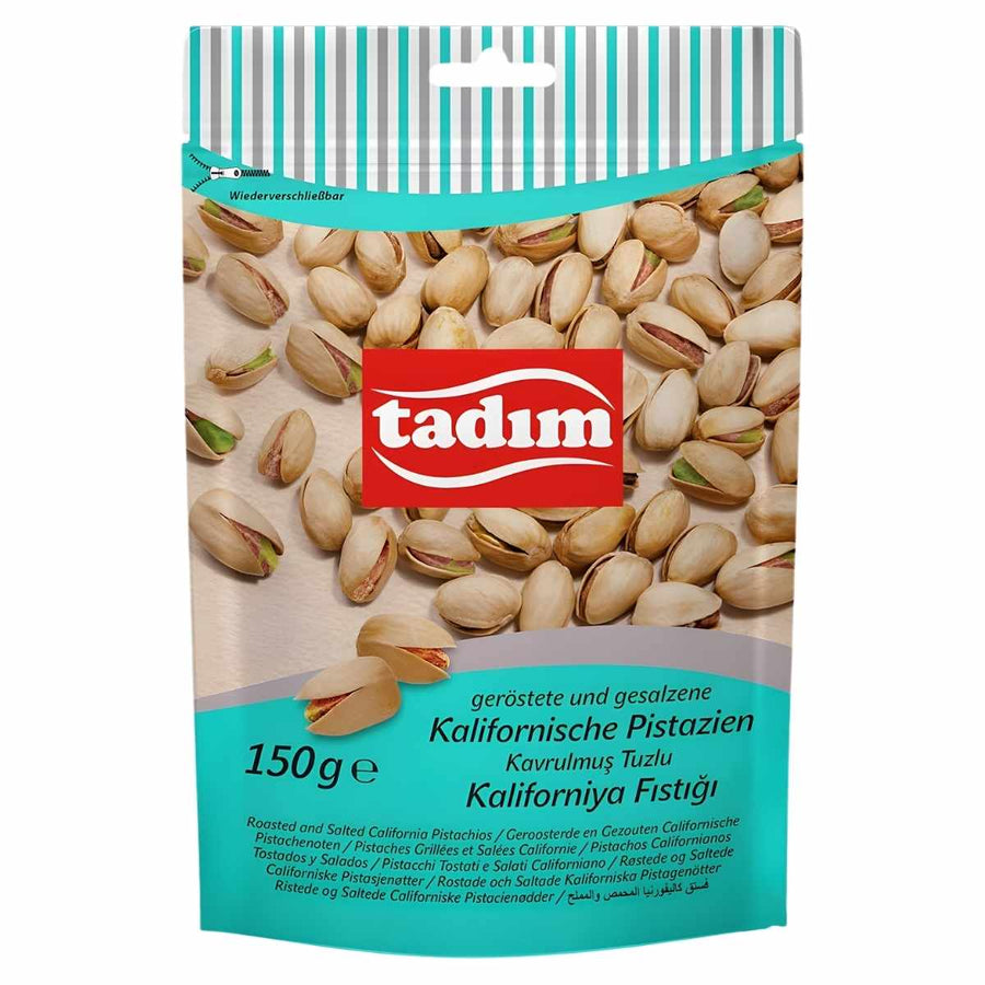 A 150g resealable bag of tadim Roasted & Salted California Pistachios, featuring lightly salted premium pistachios on the packaging.