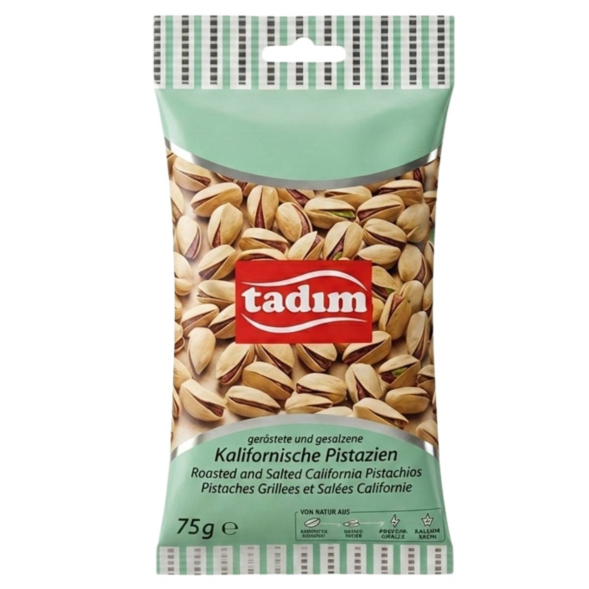 A 75g bag of Tadim Roasted & Salted California Pistachios, packaged in a distinctive light green and white striped design.