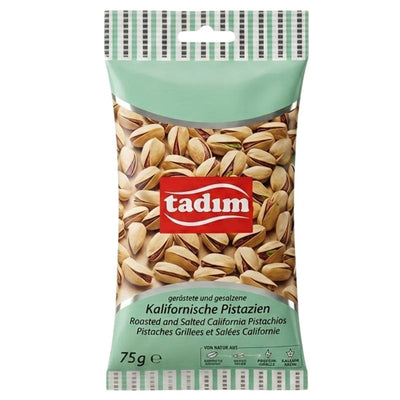 A 75g bag of Tadim Roasted & Salted California Pistachios, packaged in a distinctive light green and white striped design.