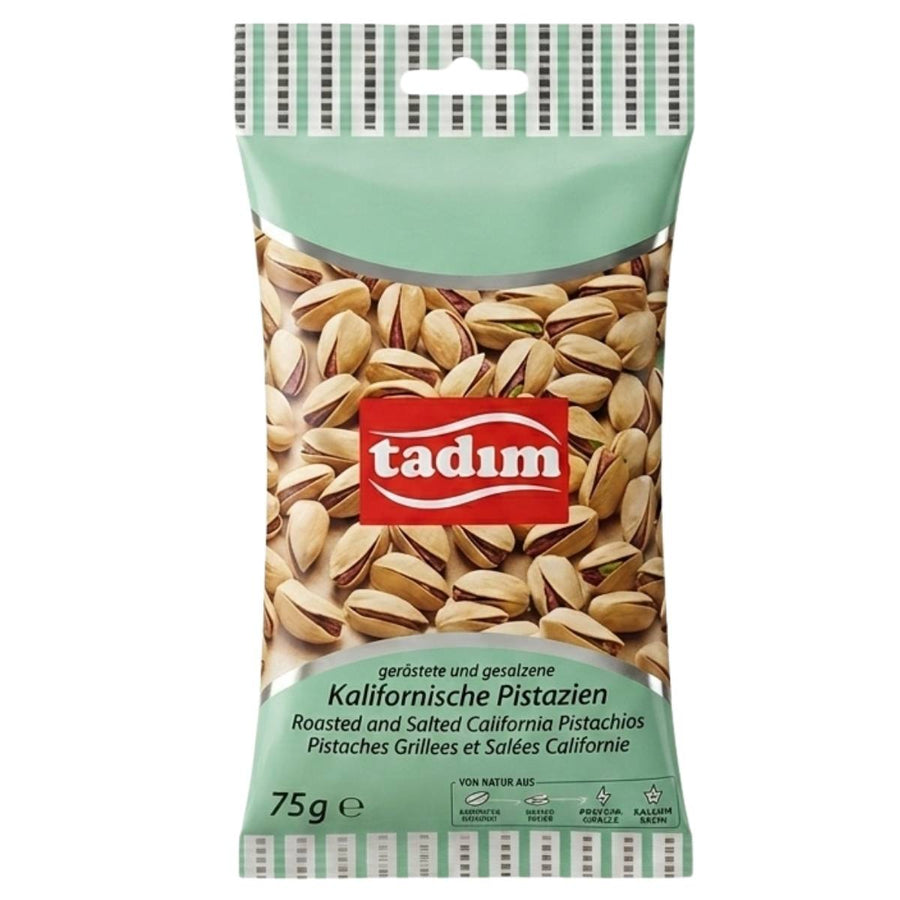 A 75g bag of Tadim Roasted & Salted California Pistachios, packaged in a distinctive light green and white striped design.