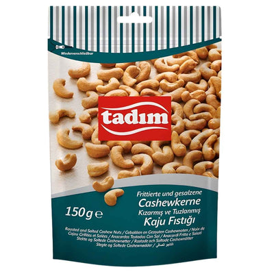 A 150g pack of tadim Roasted & Salted Cashew Nuts, featuring lightly salted cashews on the front and product information in multiple languages—a tasty and healthy snack choice.