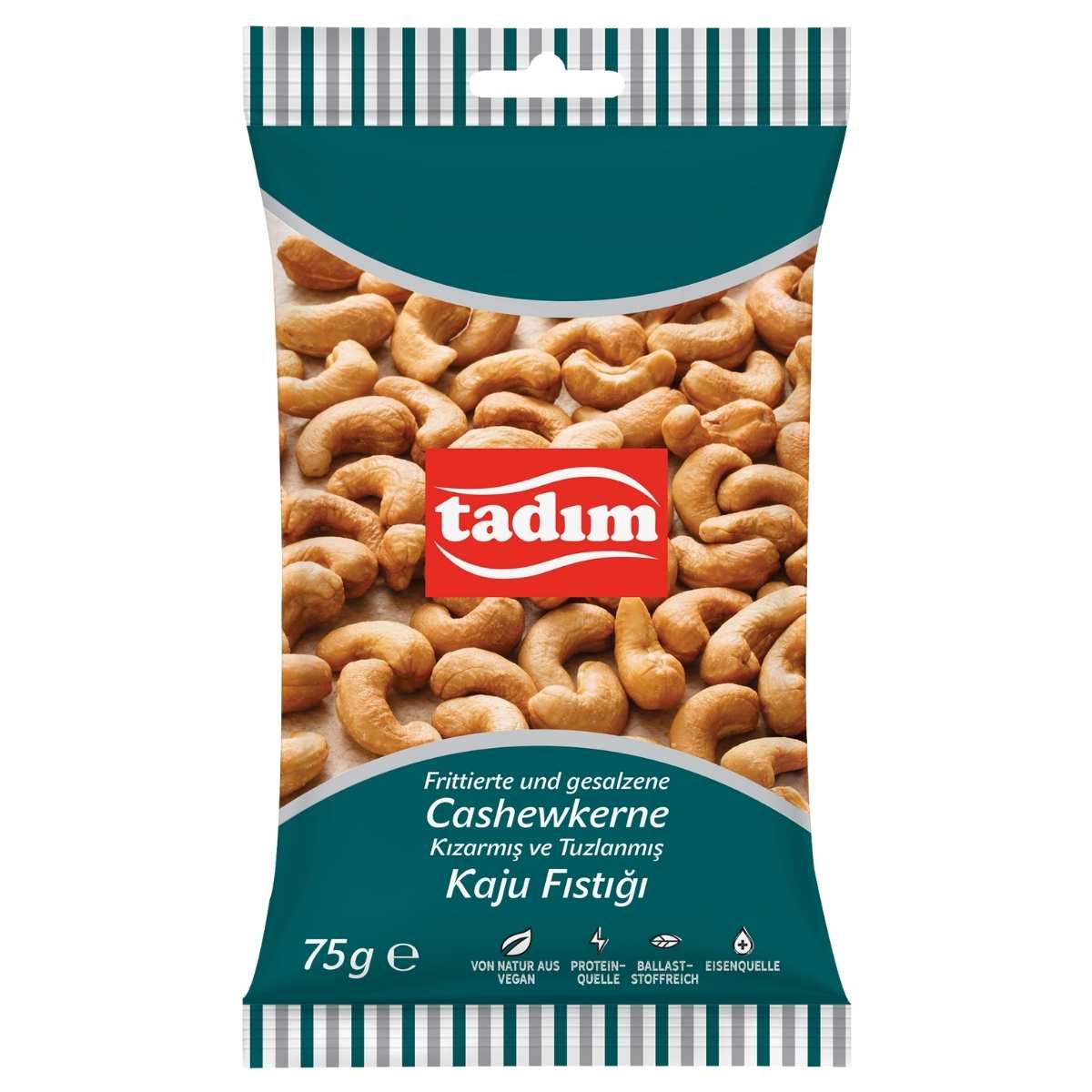 A 75g pack of tadim Roasted & Salted Cashew Nuts with multilingual labeling, eye-catching packaging showing visible cashews, and a healthy snack appeal.