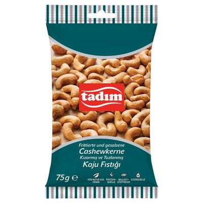 A 75g pack of tadim Roasted & Salted Cashew Nuts with multilingual labeling, eye-catching packaging showing visible cashews, and a healthy snack appeal.