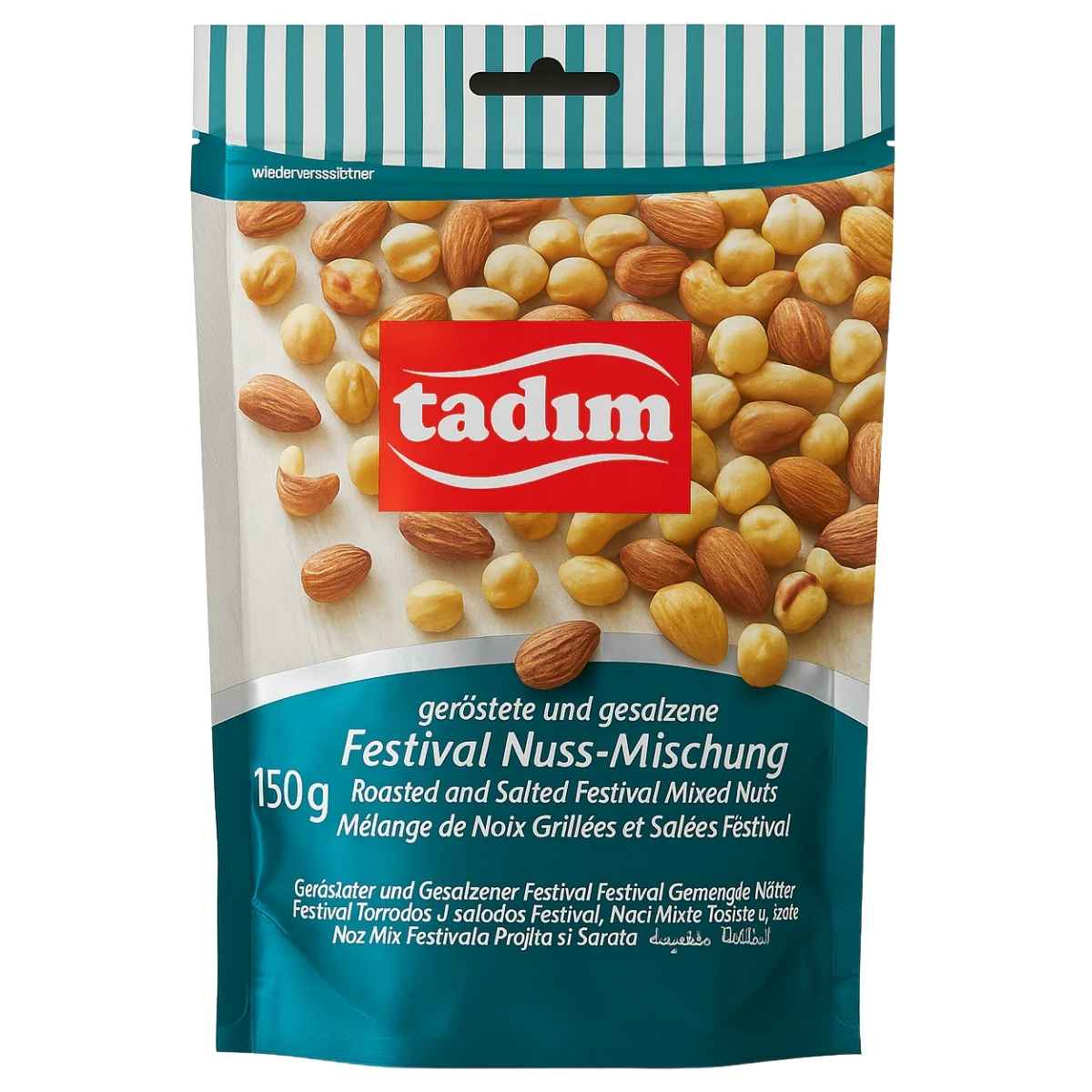 Tadim - Roasted & Salted Festival Mixed Nuts 150g features almonds, hazelnuts, and chickpeas. The tadim brand packaging includes German, English, and French text.