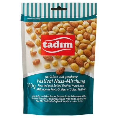 Tadim - Roasted & Salted Festival Mixed Nuts 150g features almonds, hazelnuts, and chickpeas. The tadim brand packaging includes German, English, and French text.