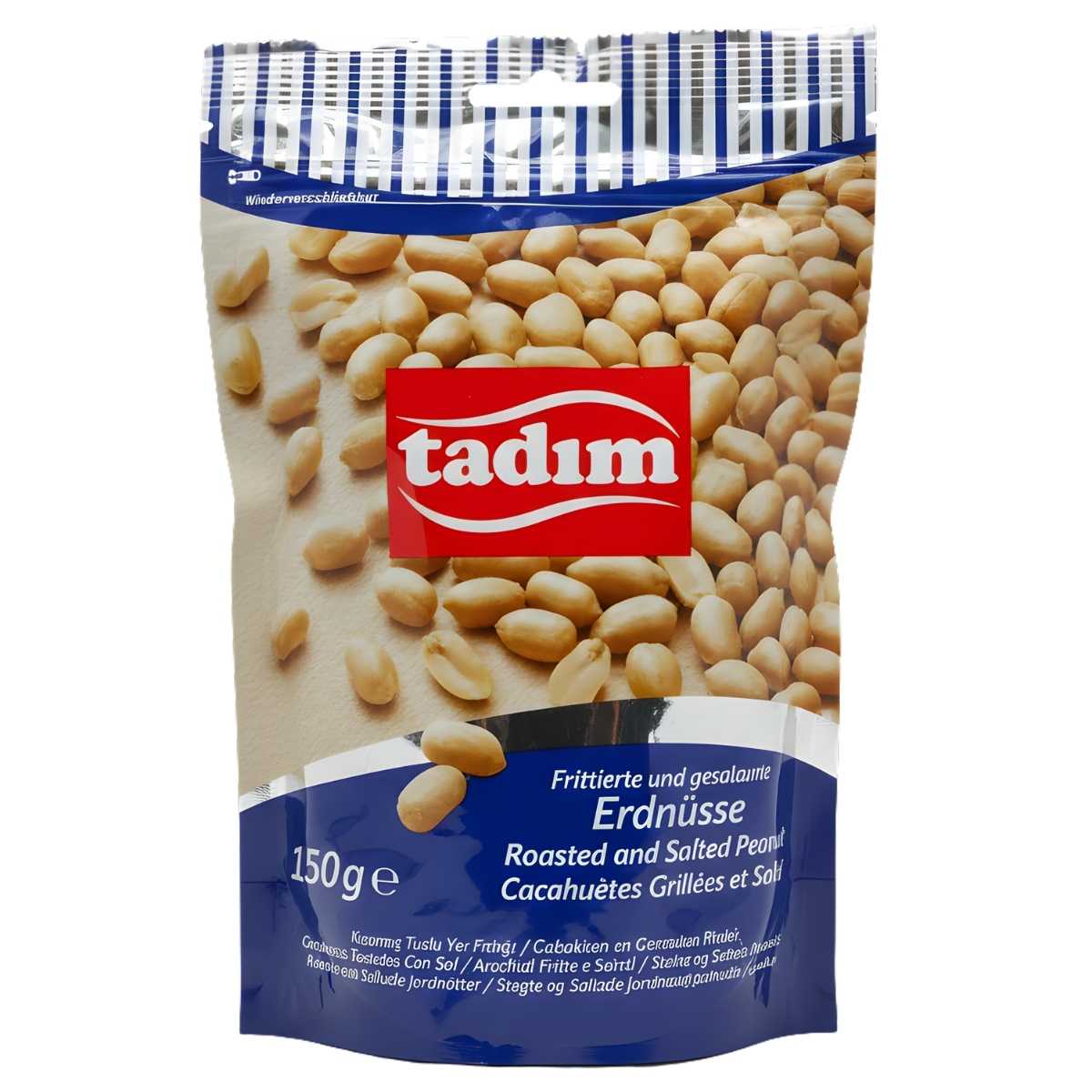 A 150g package of tadim Roasted & Salted Peanuts—ideal for a protein-rich snack, featuring premium peanuts on the blue and white pack.