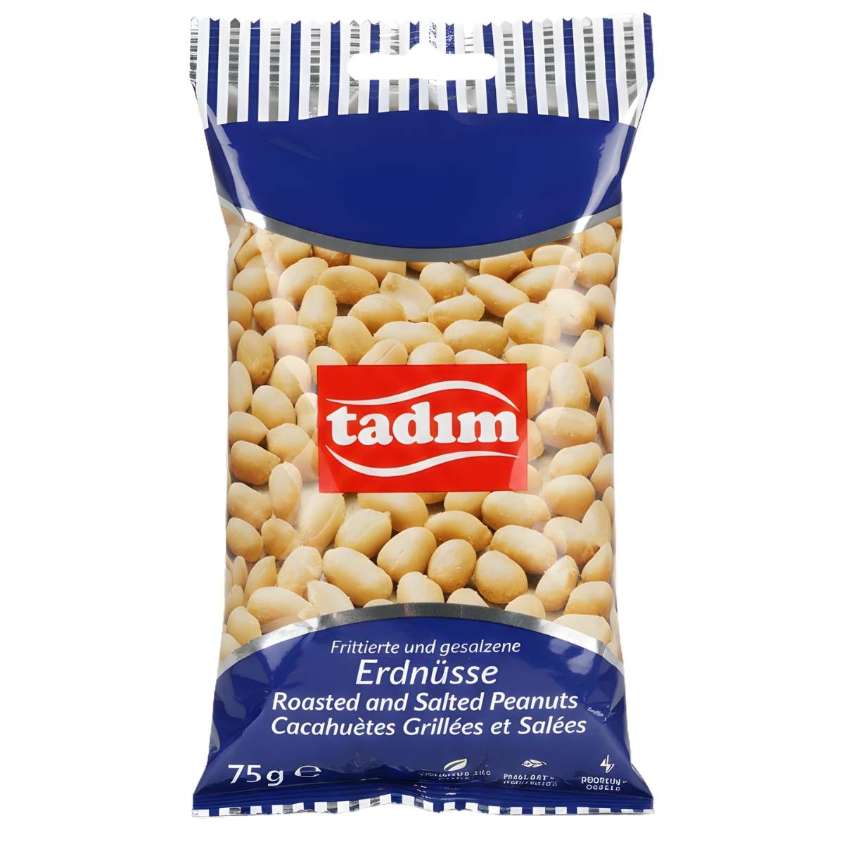 A 75g bag of tadim Roasted & Salted Peanuts, a tasty protein snack in clear packaging with a blue and white striped top and multilingual product details.