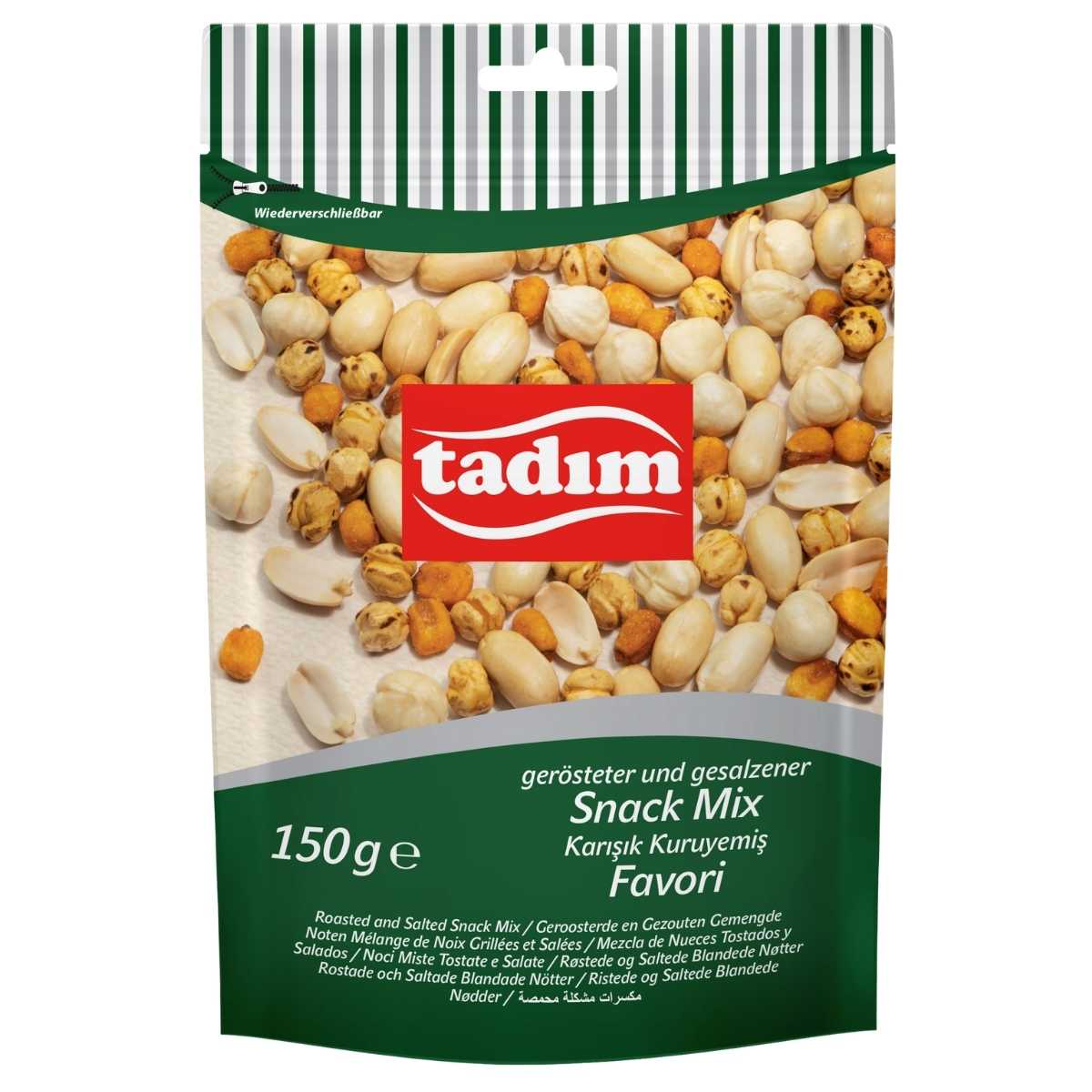 Tadim Roasted & Salted Snack Mix 150g by tadim includes chickpeas, peanuts, and BBQ-flavoured corn, with multilingual labeling on a green and white pack.