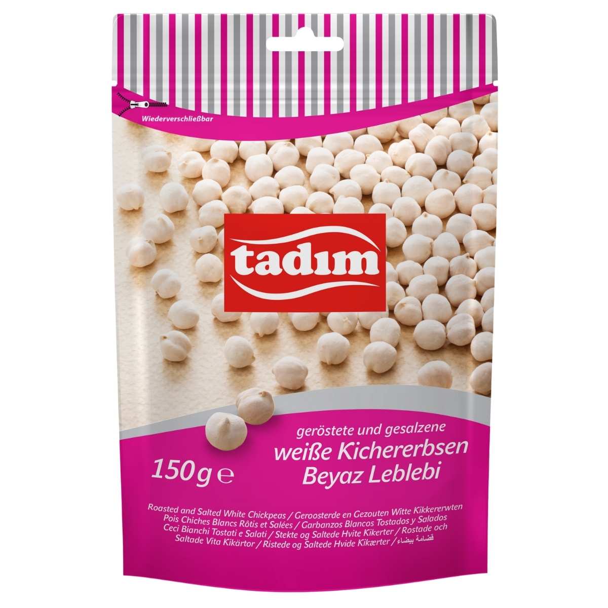 A 150g pack of tadim Roasted & Salted White Chickpeas, a tasty plant-based protein snack, with a pink-striped design and chickpea image on the front.