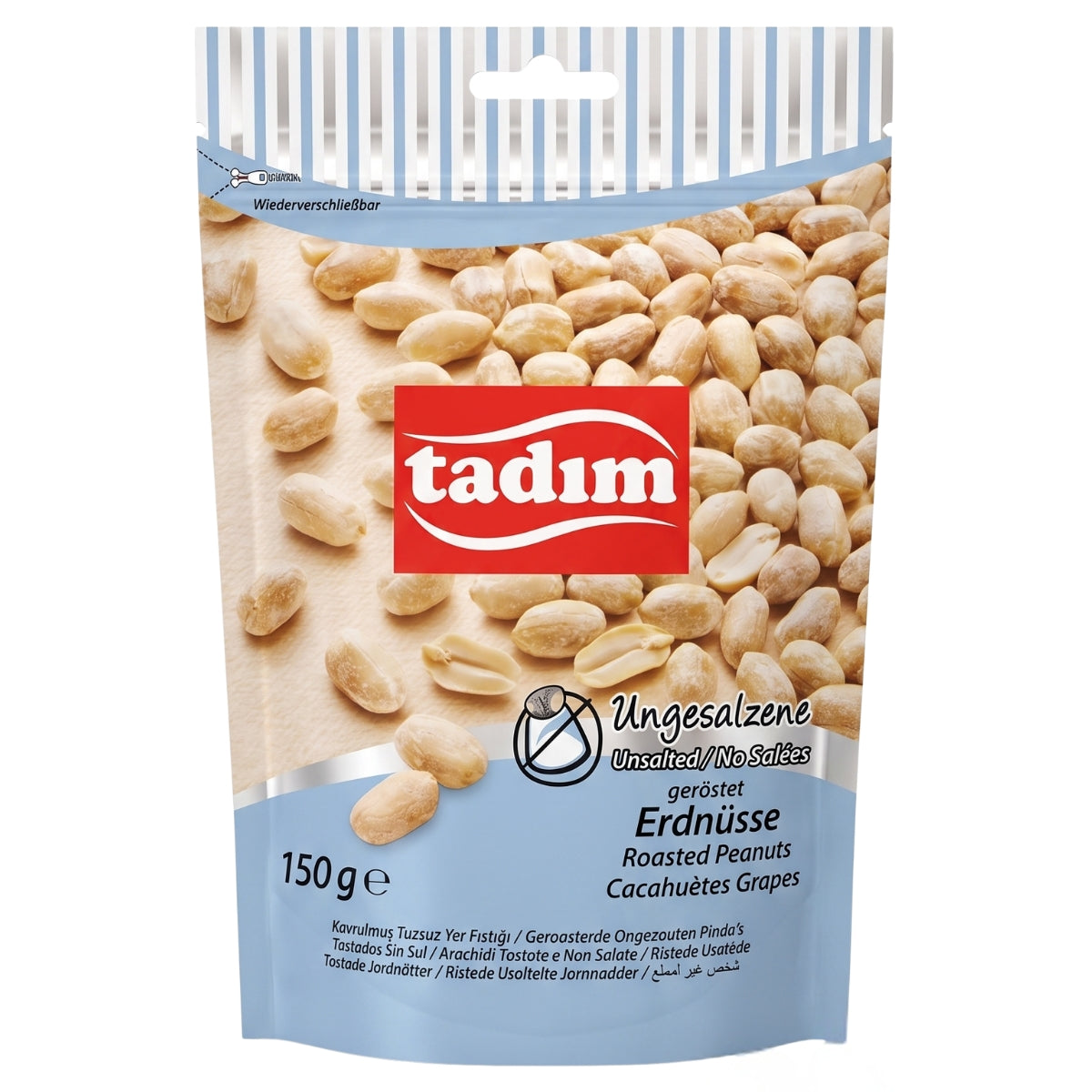 A 150g bag of Tadüm unsalted roasted peanuts (Erdnüsse) in a blue and white striped stand-up pouch with a large photo of peanuts on the front.