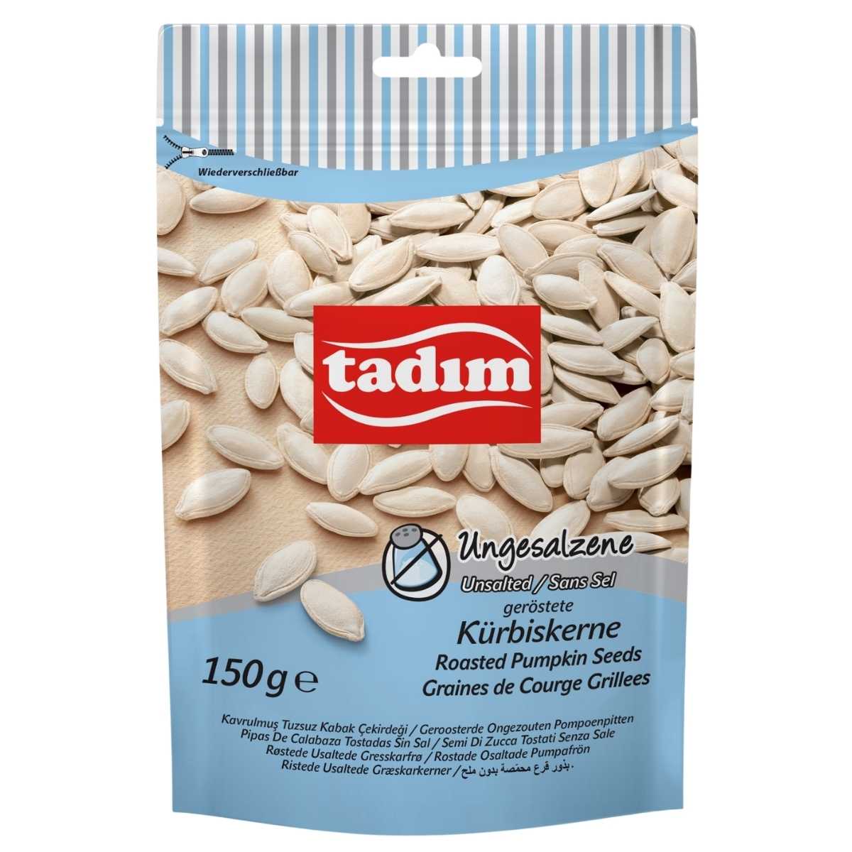 Tadim Roasted Unsalted Pumpkin Seeds (150g) come in a blue and white resealable bag with multilingual info, ideal for healthy snacking.