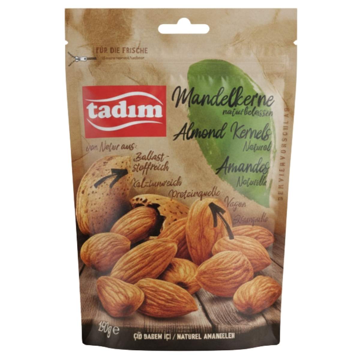 A 150g stand-up pouch of tadim Unroasted Natural Almond Kernels, showing whole almonds and shells with multilingual labeling—ideal for a healthy snack.
