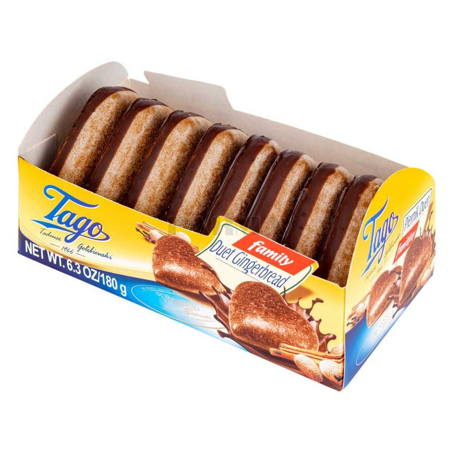 Open packaging revealing a box of Tago - Family Duet Chocolate Gingerbread, 8 pack (180g), showcasing the chocolate coating.