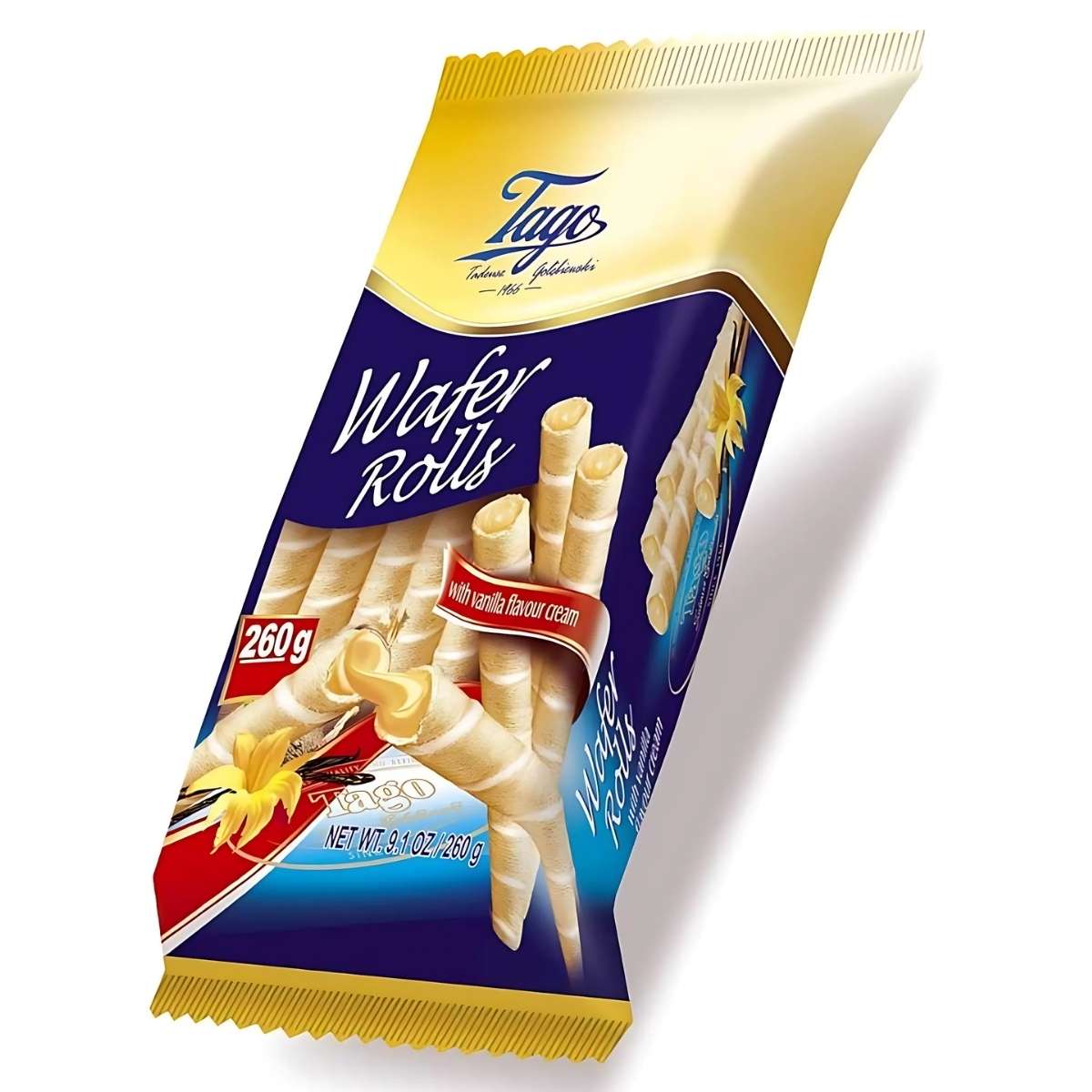 The packaging for Tago Wafer Rolls with Vanilla Cream - 260g highlights the vanilla cream filling and features a vibrant yellow and blue design.