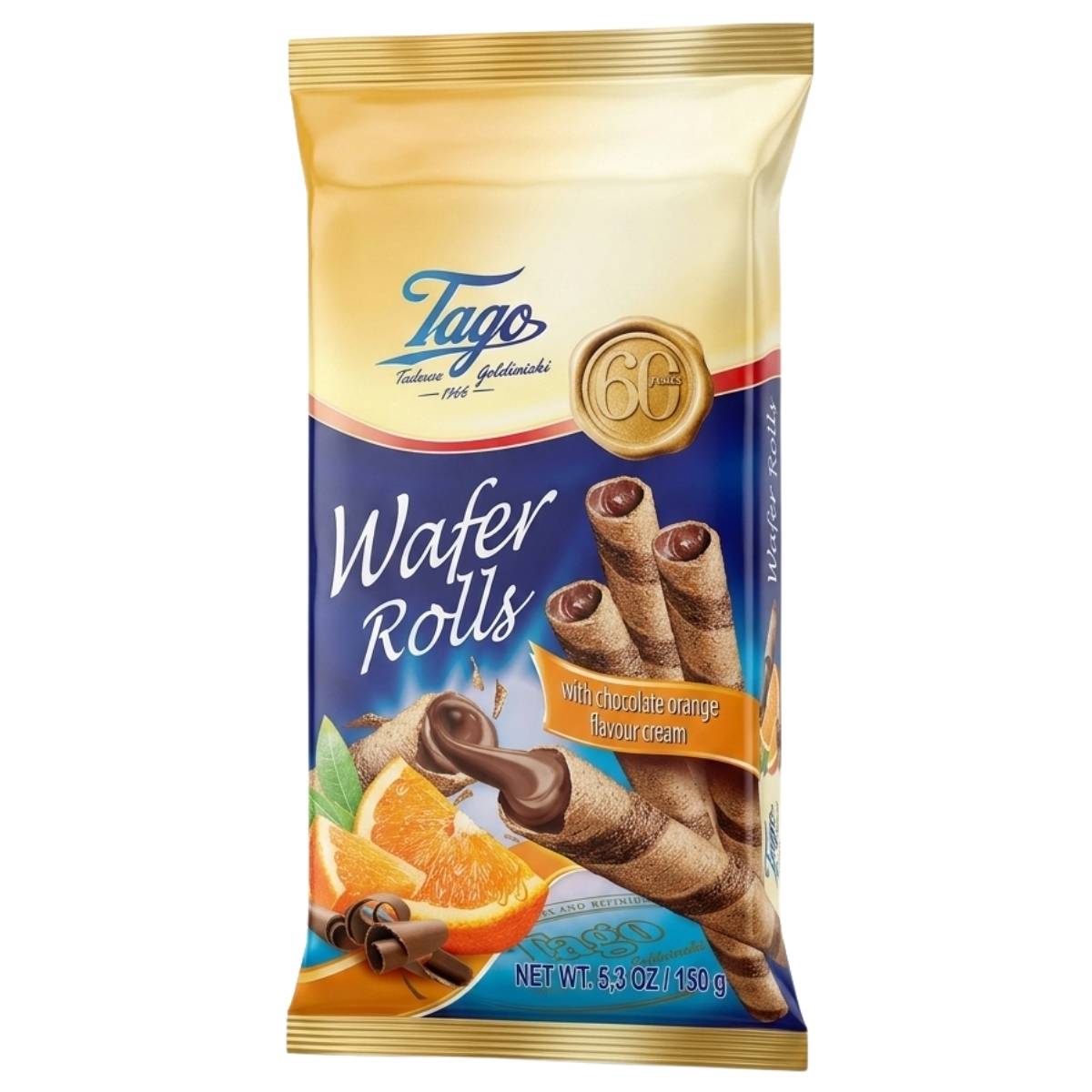 Tago Wafer Rolls with Chocolate Orange Flavour Cream—150g pack—is a tempting snack featuring images of wafer rolls, orange slices, and chocolate pieces on the packaging.