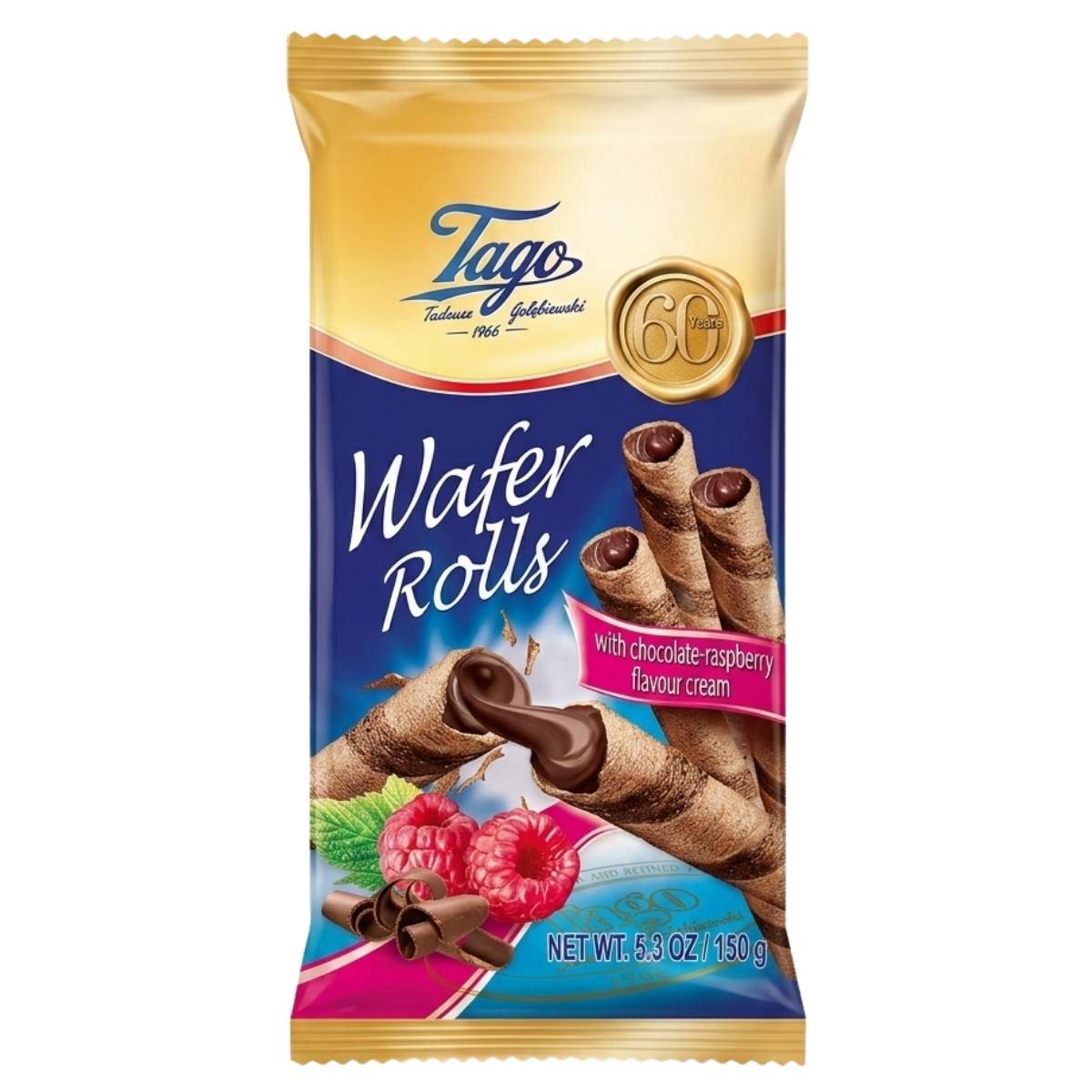 Tago - Wafer Rolls with Chocolate Raspberry Flavour Cream (150g) feature crispy rolls filled with cream made from natural raspberry flavour and low fat cocoa powder. Packaging shows wafer rolls, raspberries, and chocolate pieces.