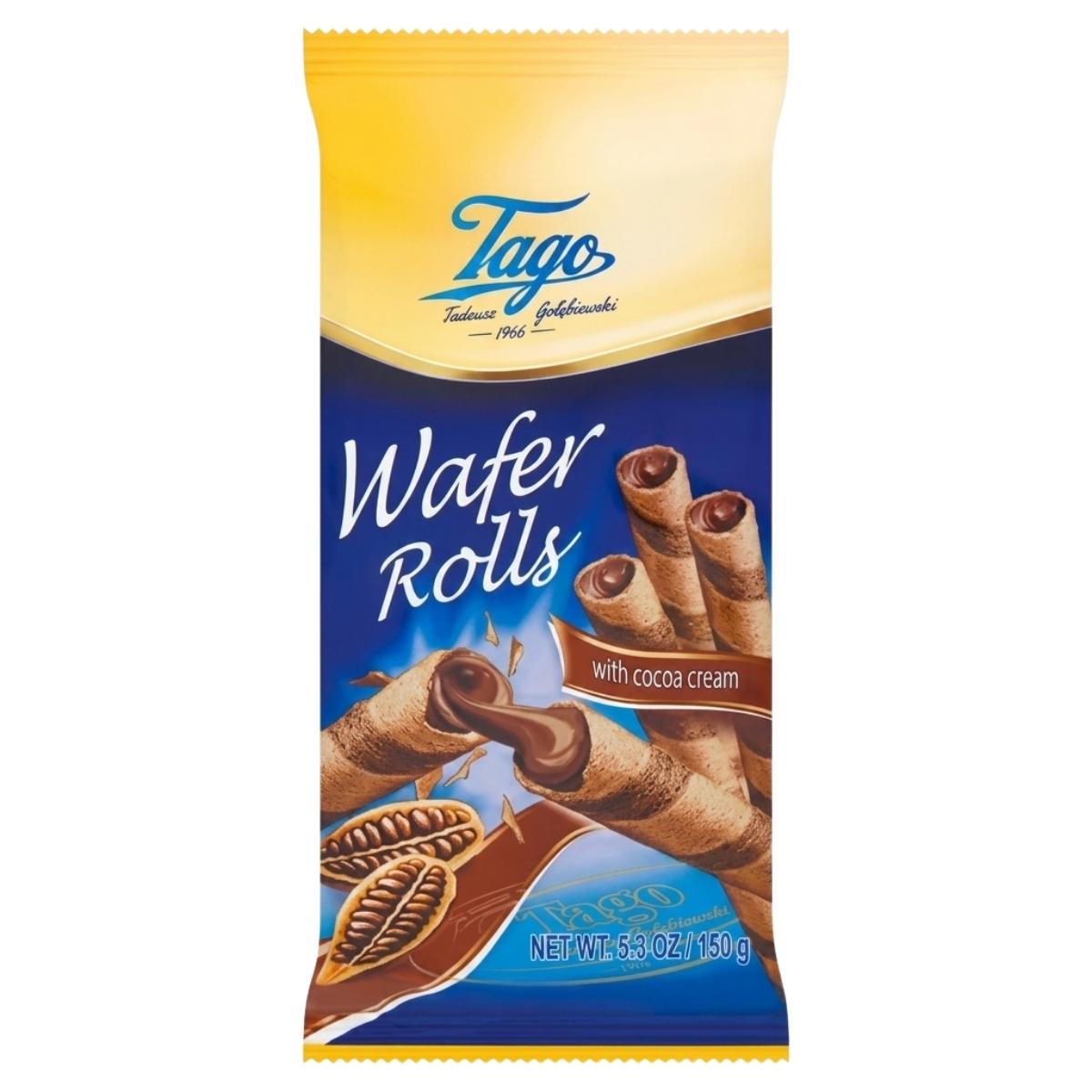 Tago Wafer Rolls with Cocoa Cream, 150g pack. Made with wheat flour and low fat cocoa powder. Packaging features images of the wafer rolls and cocoa beans on the front.