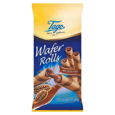 Tago Wafer Rolls with Cocoa Cream, 150g pack. Made with wheat flour and low fat cocoa powder. Packaging features images of the wafer rolls and cocoa beans on the front.
