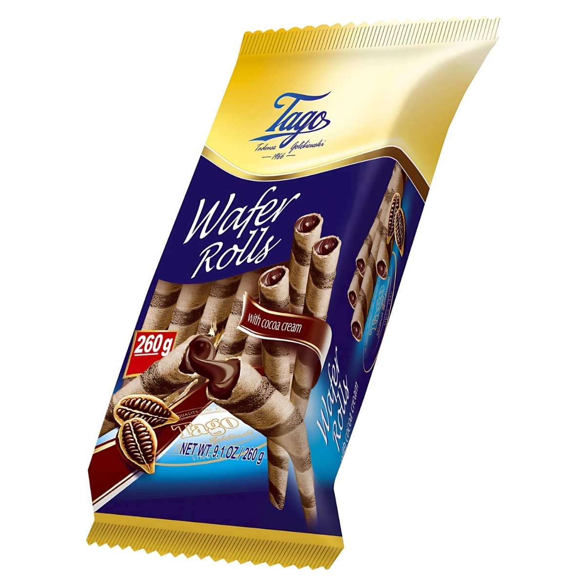 The Tago - Wafer Rolls with Cocoa Cream in a 260g package feature images of crispy rolls, offering a delightful crunch and rich taste experience.