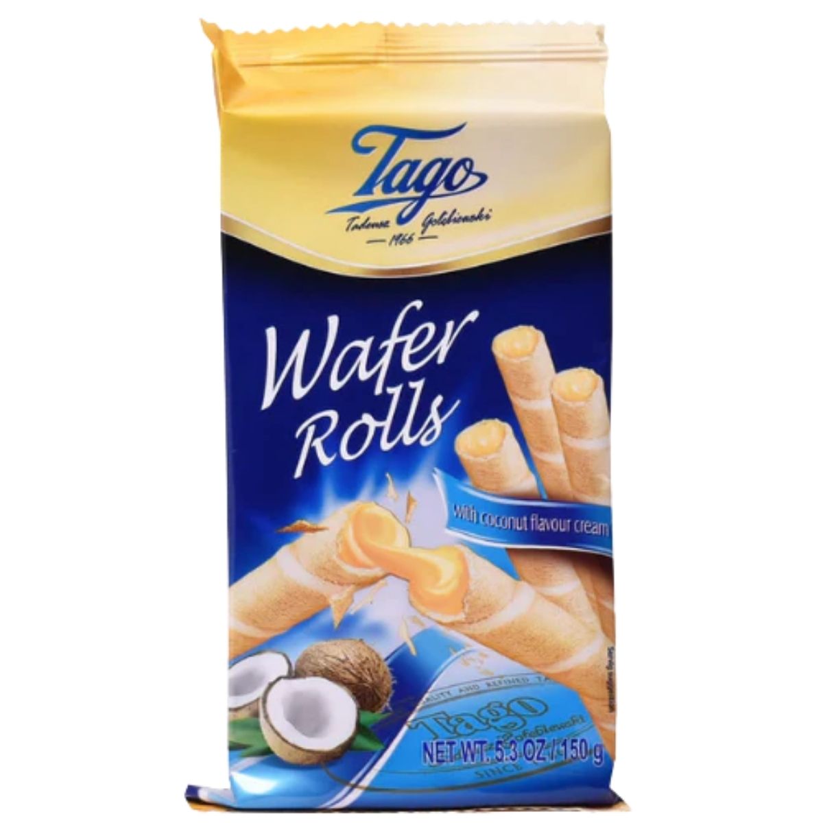 Packaging of Tago Wafer Rolls with coconut flavor on a white background