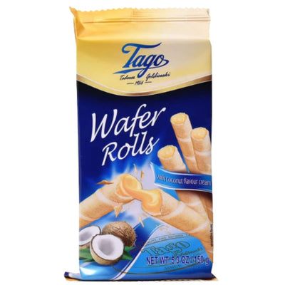 Packaging of Tago Wafer Rolls with coconut flavor on a white background