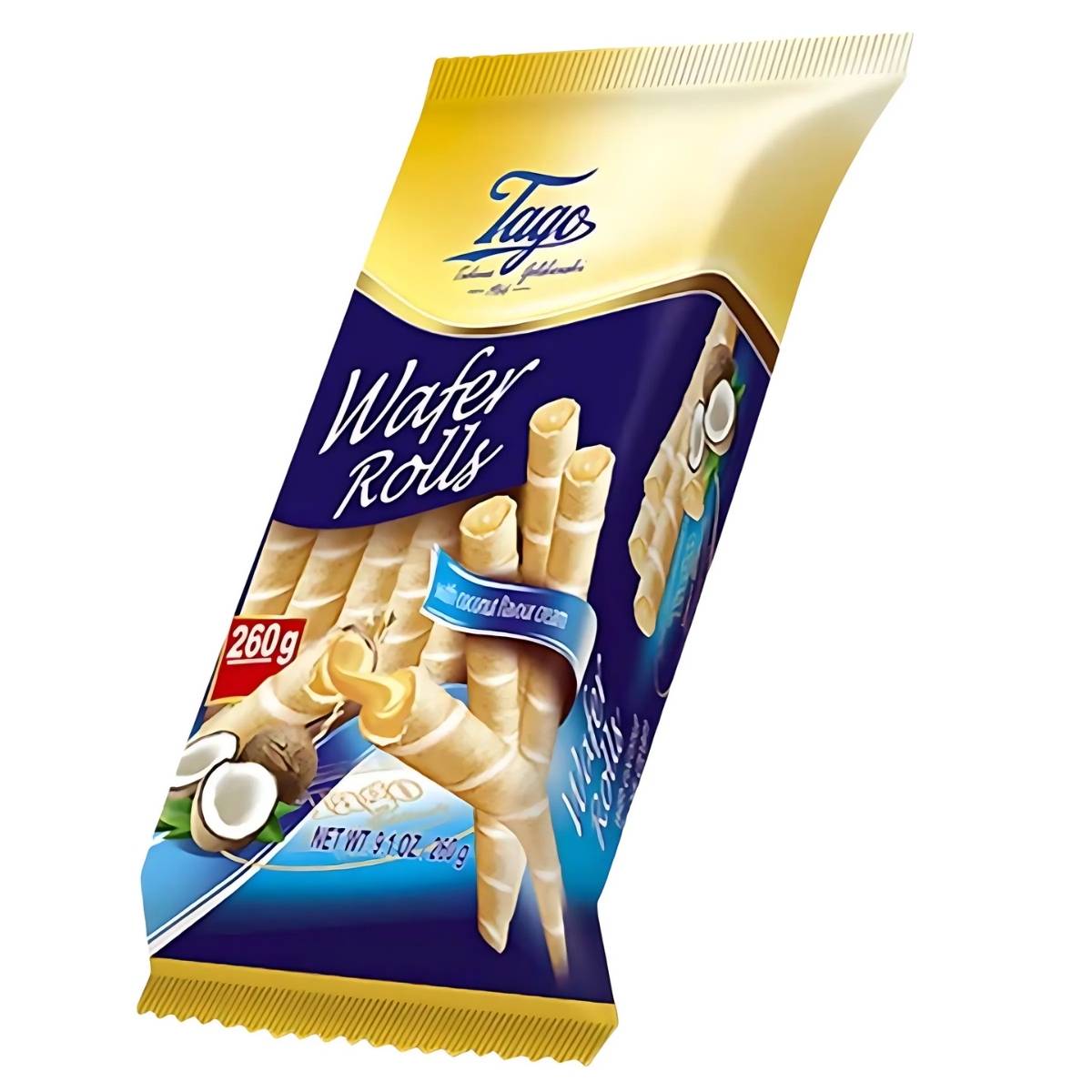 The Tago Wafer Rolls' tropical blue and yellow package, labeled "Wafer Rolls with Coconut Cream," entices with its creamy coconut allure. Contains 260g.