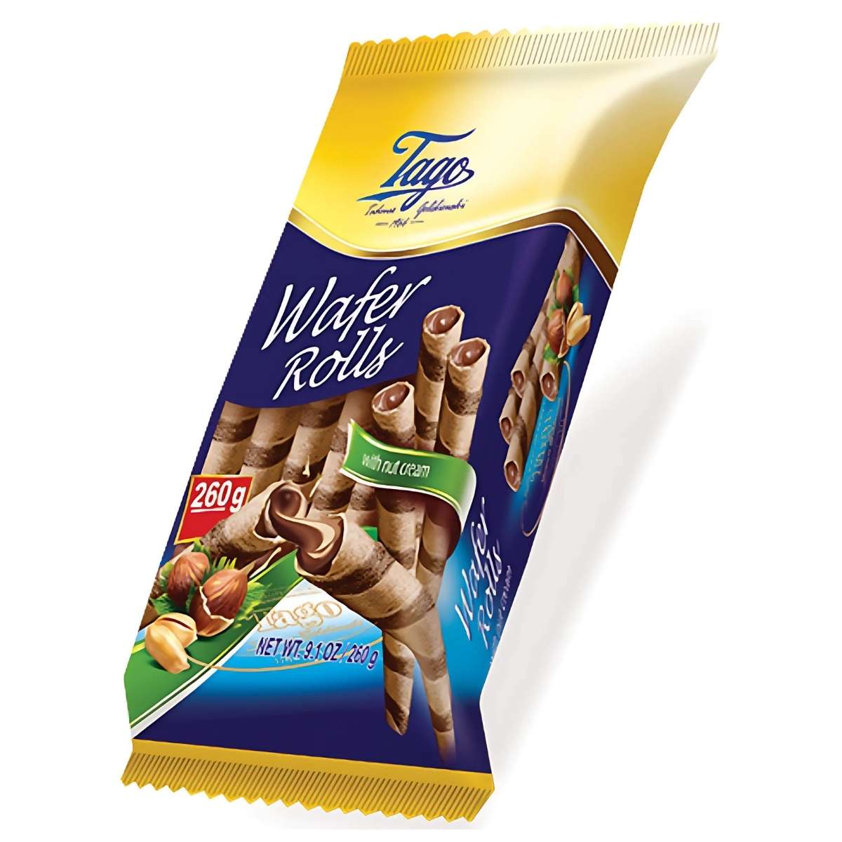 Tago - Wafer Rolls with Hazelnuts, 260g, features a tempting image of crispy wafers and hazelnuts.