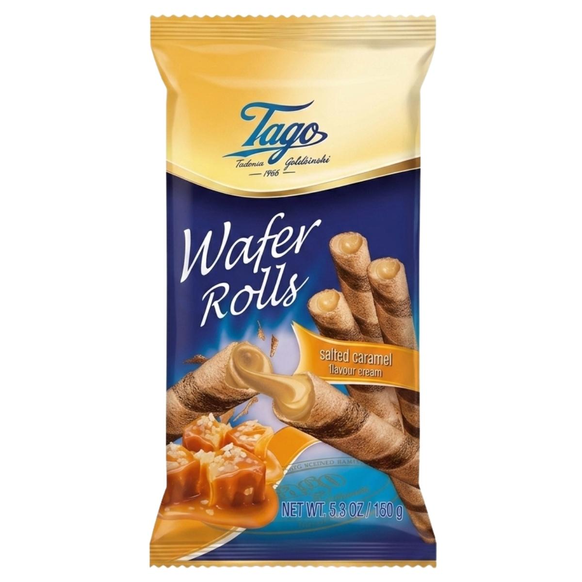 A 150g package of Tago Wafer Rolls with Salted Caramel Flavour Cream, featuring images of wafer rolls and caramel on the front. Made by Tago with low fat cocoa powder.