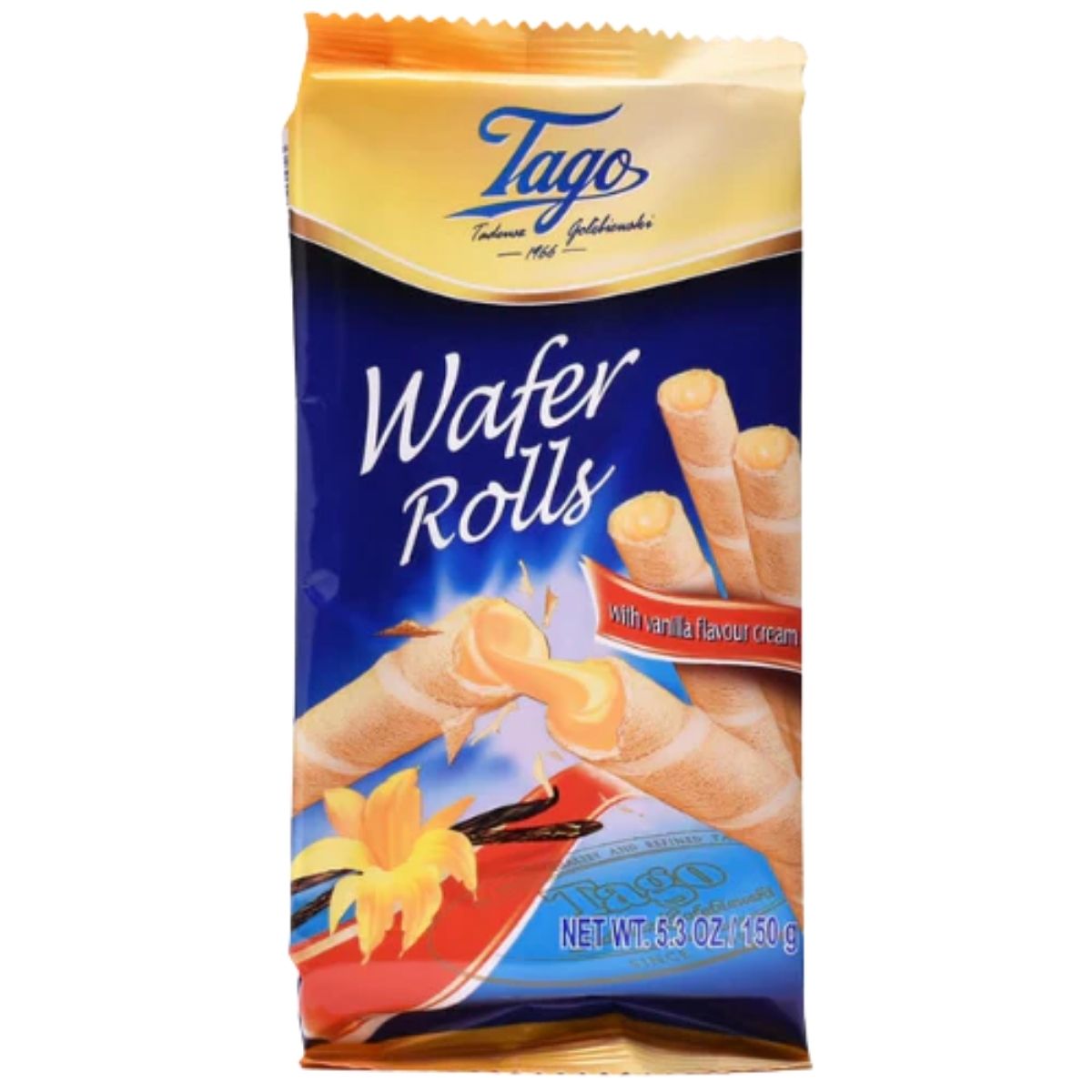Packaging of Tago Wafer Rolls with vanilla flavor on a white background
