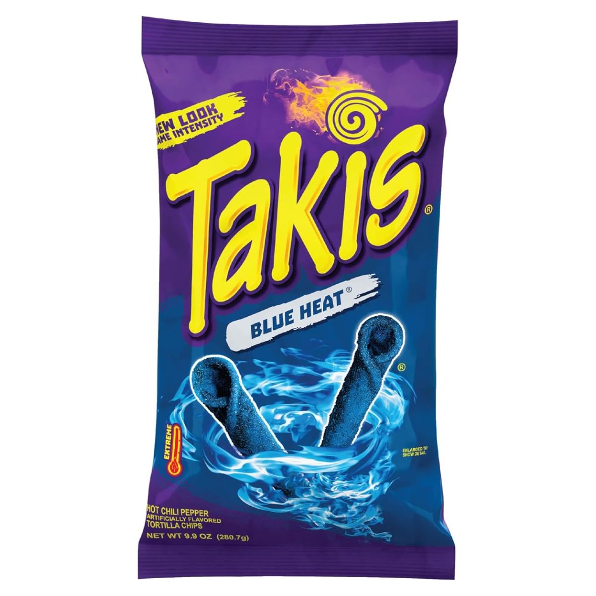 Takis Blue Heat snack bag with purple and blue design on a white background