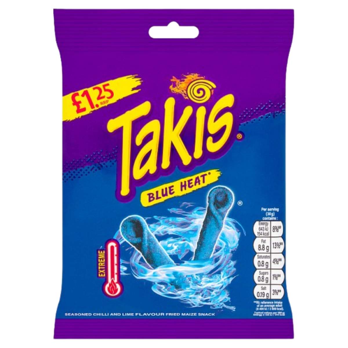 Takis - Blue Heat Chilli & Lime Flavoured Fried Maize Snack (55g) by Takis features blue rolled chips on the pack, marked "extreme" with a chilli icon. Priced at £1.25, it's a bold snack for those who crave intense chilli and lime flavor.