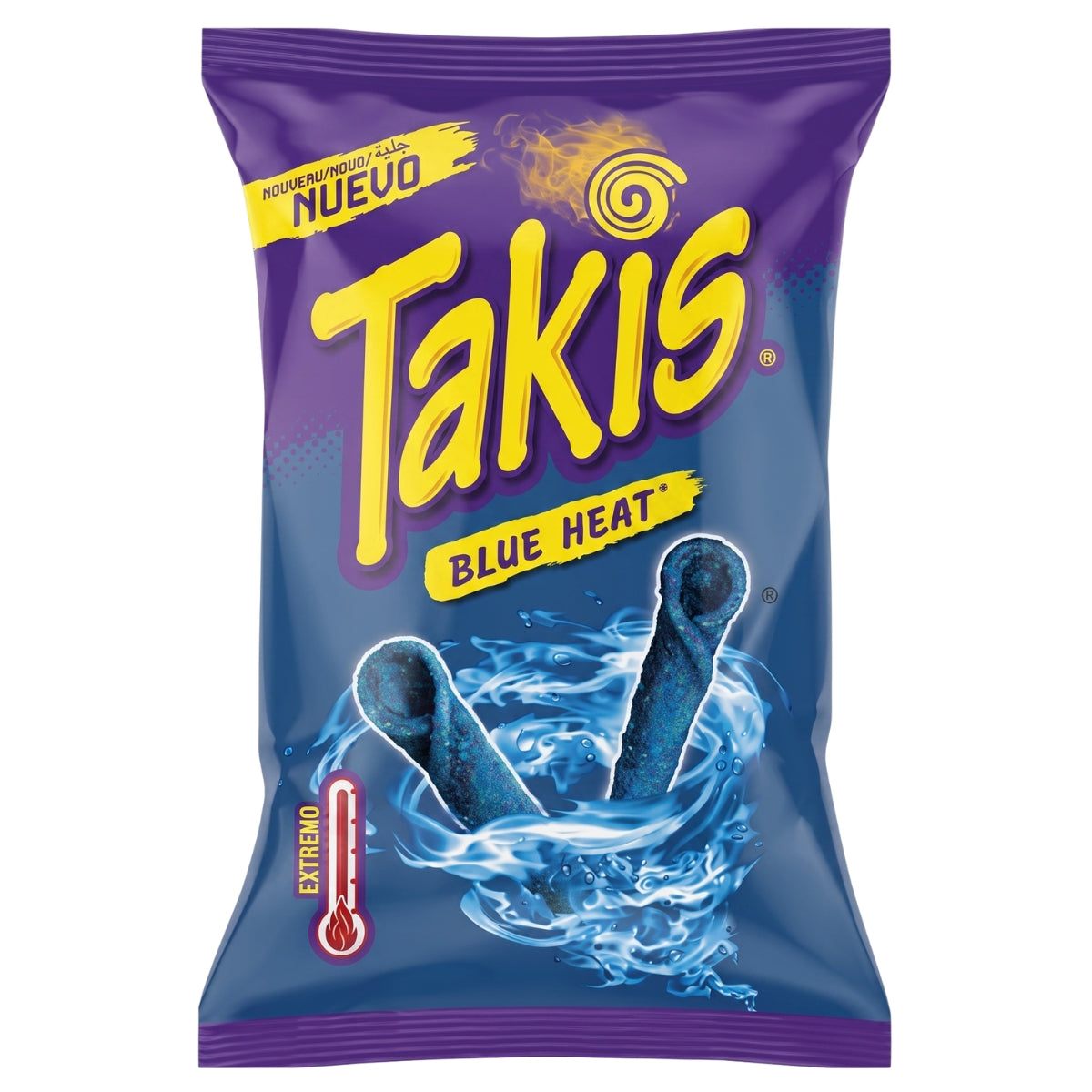 A bag of Takis Blue Heat chips on a plain white background. The packaging is primarily purple and blue with large yellow 'Takis' lettering and graphics of blue chips surrounded by water and a thermometer.