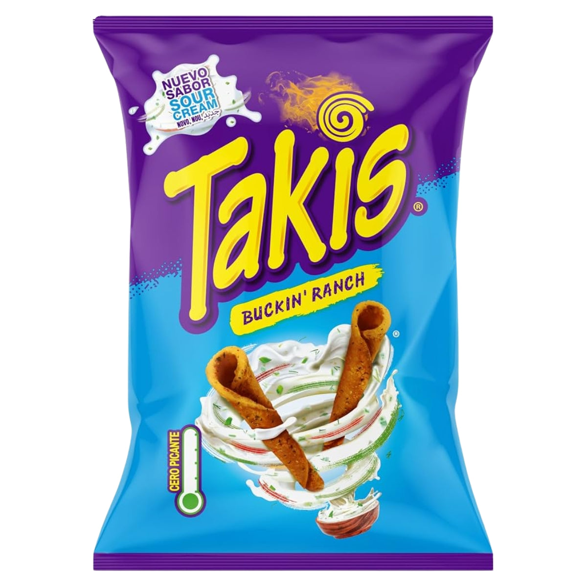 A bag of Takis Buckin' Ranch sour cream flavored chips on a plain white background. The packaging features a purple top section with the yellow Takis logo and a blue bottom section with an illustration of the sour cream and rolled chips.