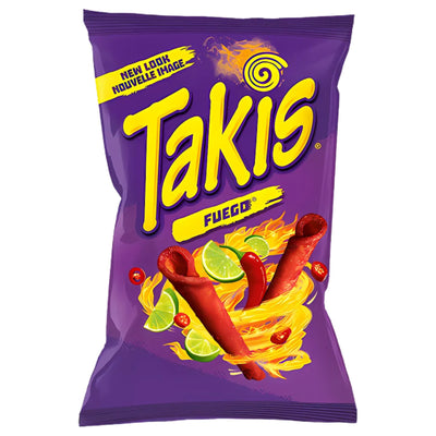 A purple Takis - Fuego - 130g bag displays rolled tortilla chips, lime slices, chili peppers, and flames on the front.