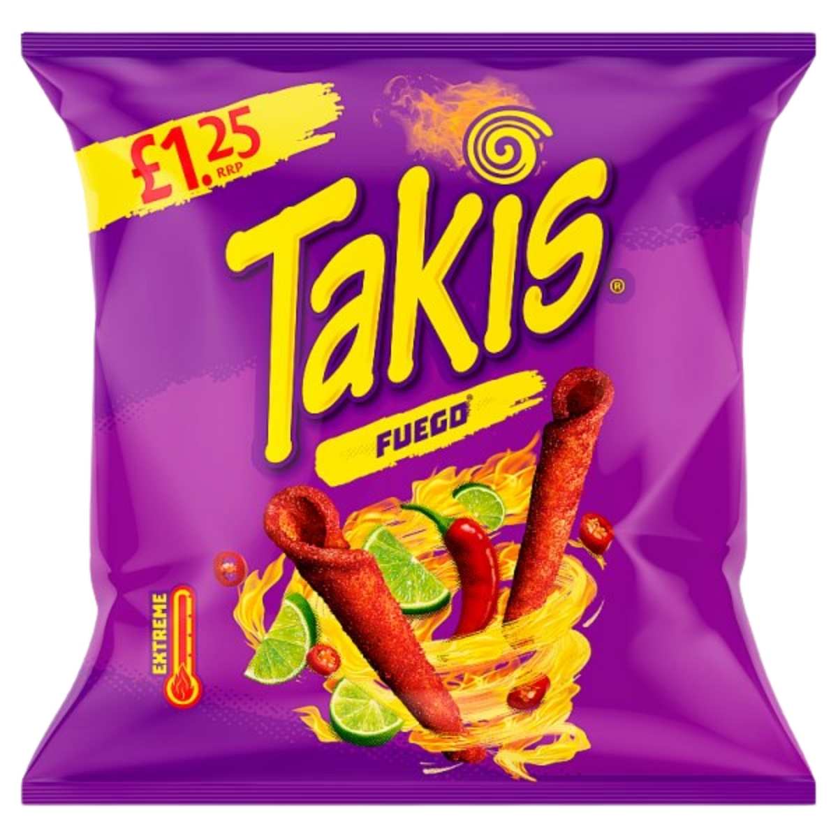 A 55g bag of Takis Fuego tortilla chips by Takis, with chili pepper and lime flavor, marked "Extreme" spice level and labeled £1.25.