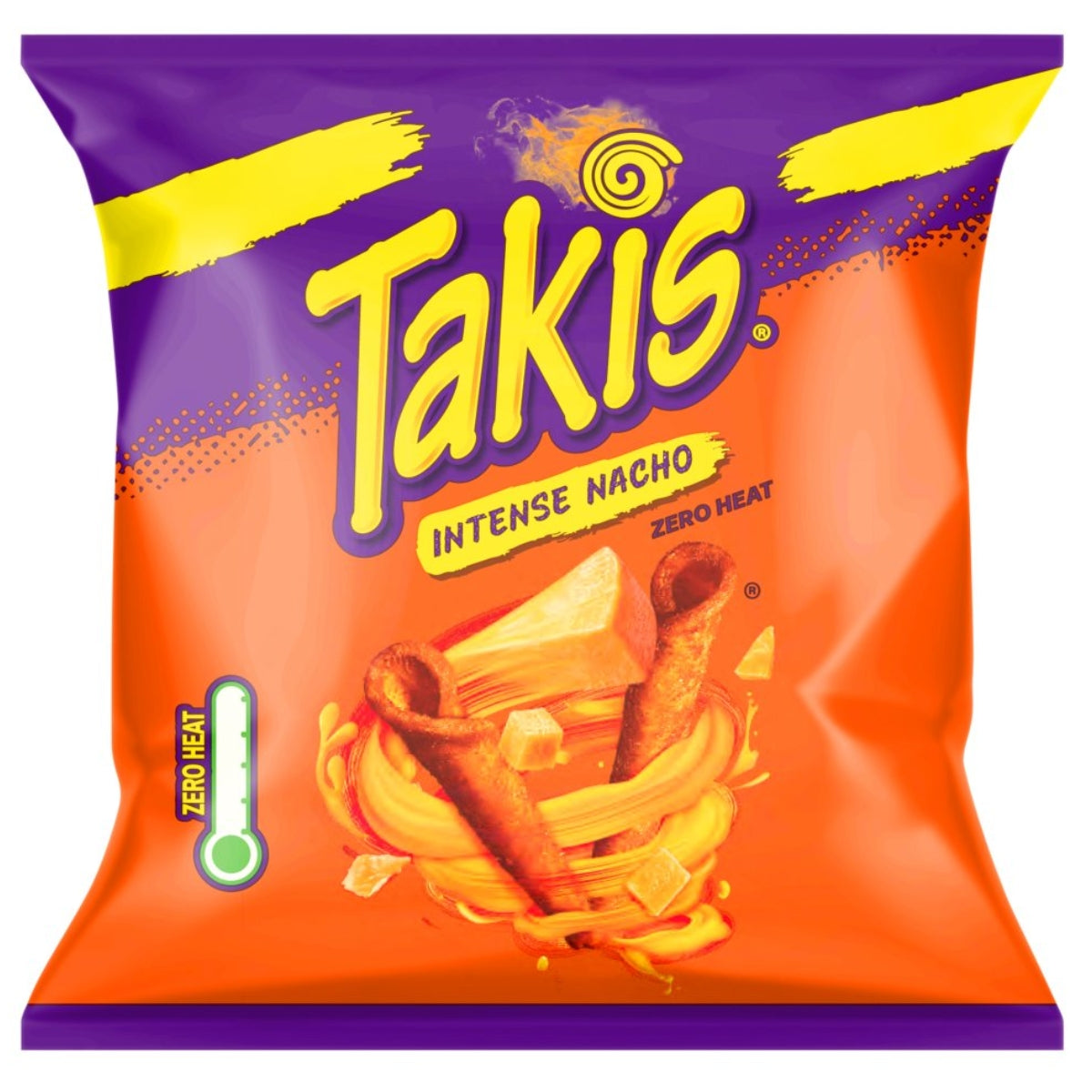 A bag of Takis Intense Nacho Zero Heat tortilla chips on a plain white background. The packaging features a vibrant orange and purple design with the yellow Takis logo and an illustration of twisted chips.