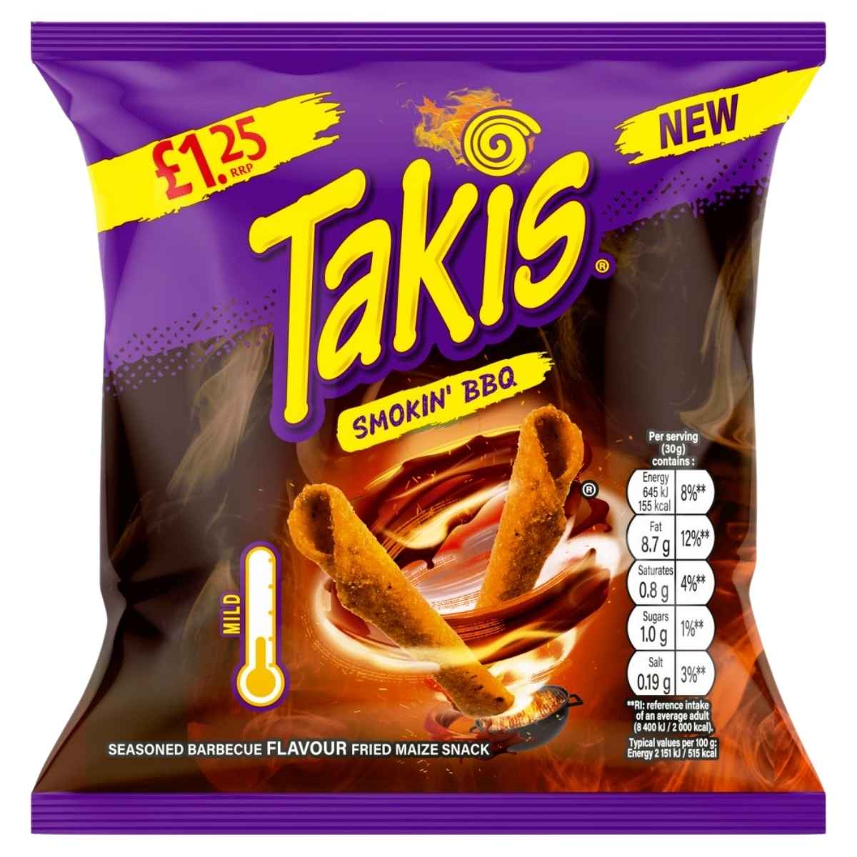 Takis Smokin BBQ Fried Maize Snack (55g) by Takis, with a purple and yellow pack design, mild flavor, nutrition info on the front, priced at £1.25.