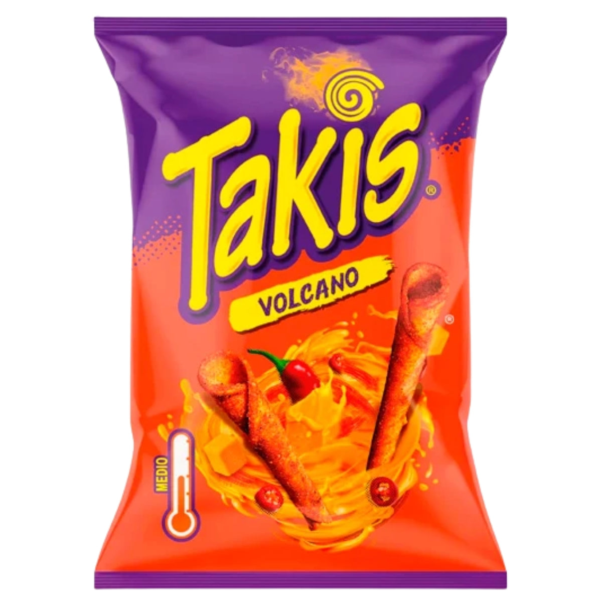 A 130g bag of Takis Volcano chips by Takis, featuring orange and purple packaging with images of rolled chips, a chili pepper, a cheese swirl, and a “mild” heat thermometer on the lower left.