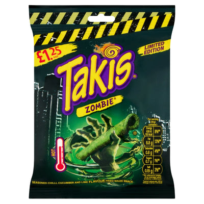 A bag of Takis - Zombie Chips - 55g featuring a green zombie hand holding a rolled corn chip, a zero heat temperature gauge, and nutritional information.