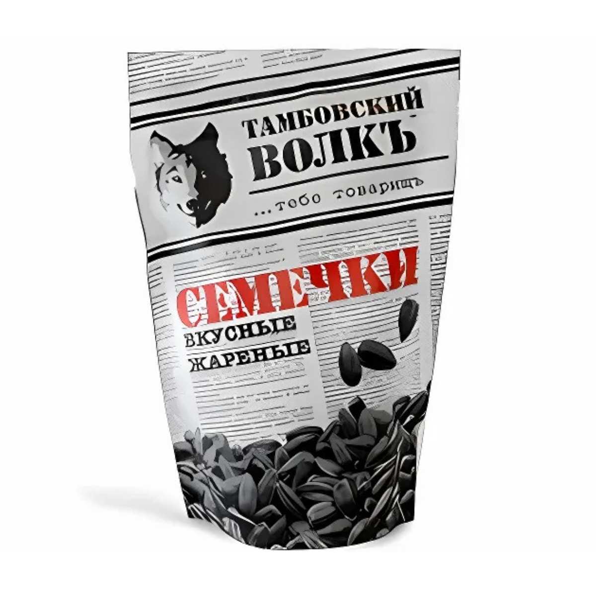 Tambov Wolf - Roasted Sunflower Seeds package, 230g, features a Russian text with a newspaper-style design and visible seeds at the bottom.