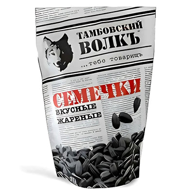 The white pack with black text and a wolf image is labeled "Tambov Wolf - Roasted Sunflower Seeds - 230g" and contains unsalted sunflower seeds inspired by the Tambov Wolf tradition.