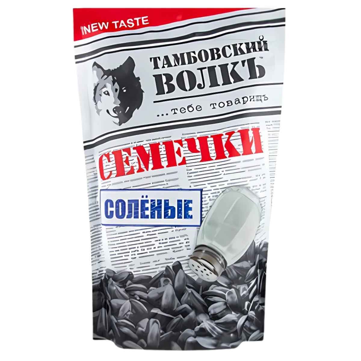 The Tambov Wolf 200g salted and roasted sunflower seeds package showcases a bold red text on the front, complemented by a striking Tambov Wolf drawing.