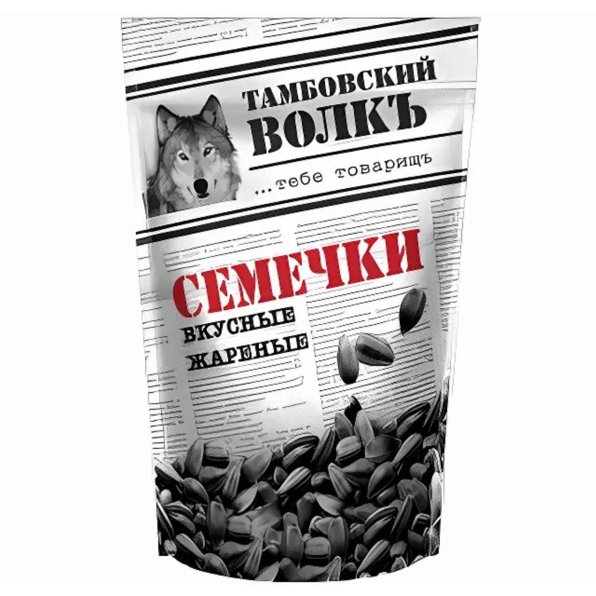 A package of Tambovskij Volk roasted sunflower seeds featuring Russian text and an image of a wolf on the front, weighing 230g.