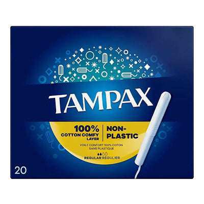 Tampax - Non Plastic Cotton Tampons Regular, 20 pcs: Made with a 100% cotton comfy layer and a non-plastic applicator, these eco-conscious tampons are ideal for regular absorbency.
