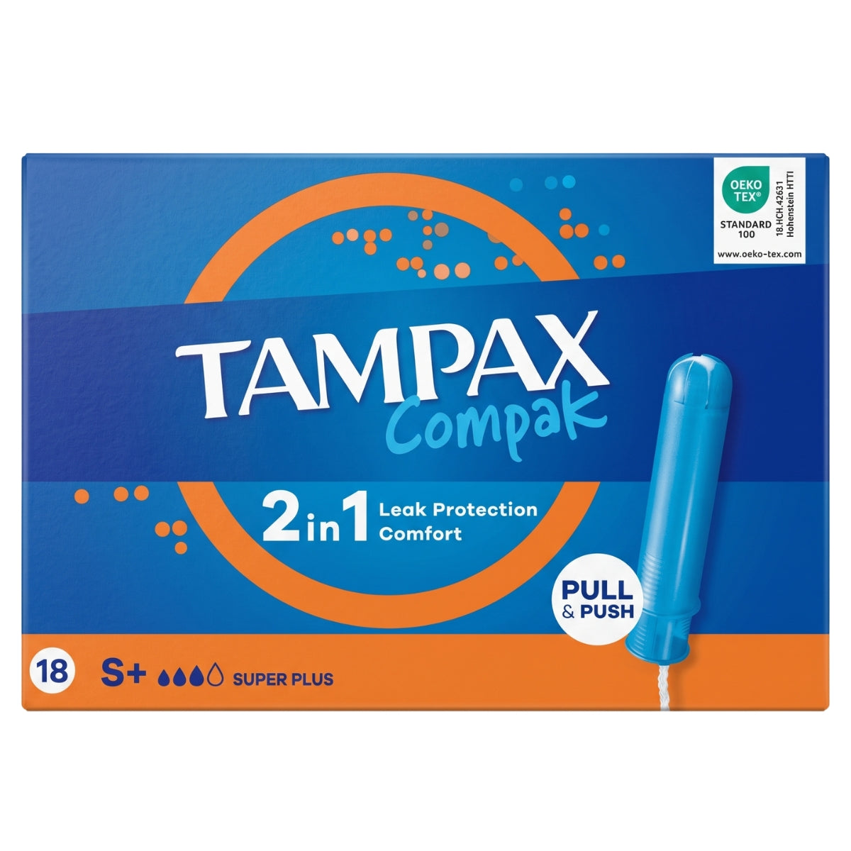 Tampax - Super Plus Tampons With Applicator - 18pcs box, featuring 2-in-1 leak protection and comfort, with a blue tampon image and product information displayed on a blue background.