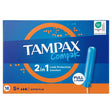 Tampax - Super Plus Tampons With Applicator - 18pcs box, featuring 2-in-1 leak protection and comfort, with a blue tampon image and product information displayed on a blue background.